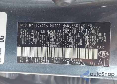 2018 Toyota Corolla Le z USA, uszkodzony, nr VIN 2T1BURHE0JC978684